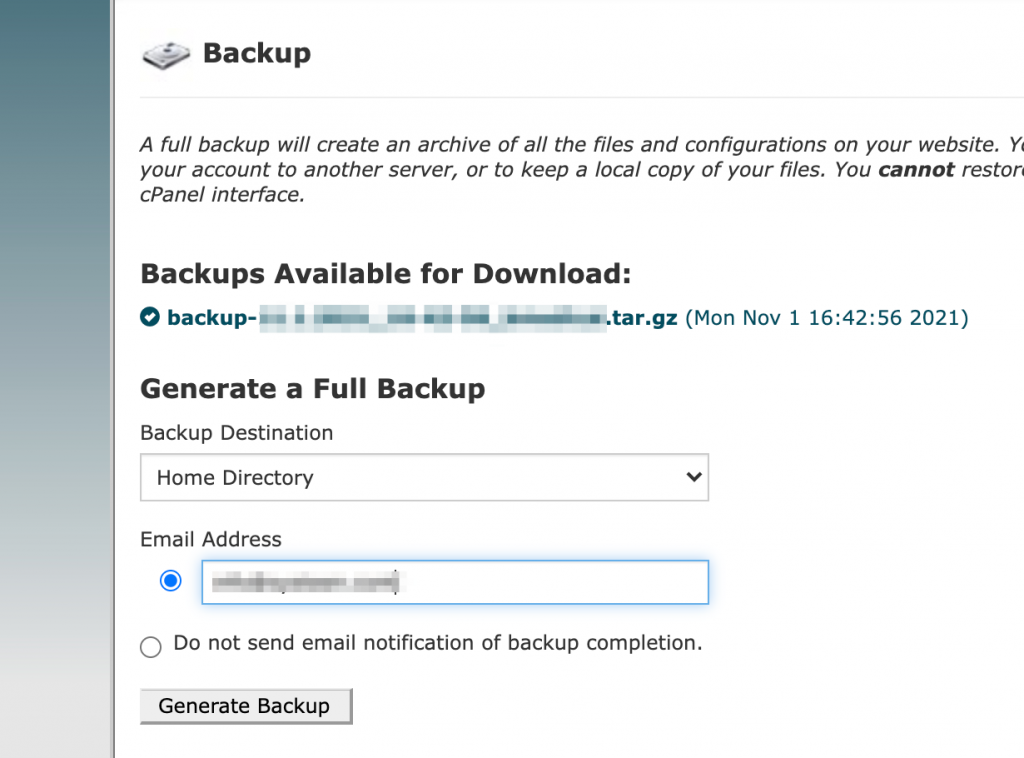 cPanel Full Backup to Migrate