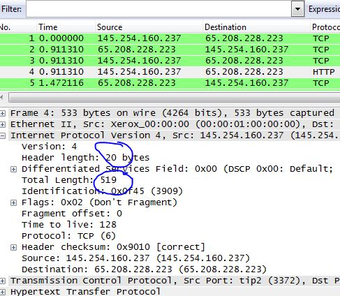 Wireshark size bytes